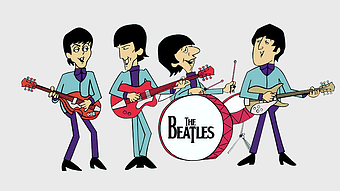 The Beatles cartoon illustration, Beatles Drive My Car album art, cartoon rock band playing instruments, Beatles music album cover, animated band performance, classic rock cartoon characters, vintage music group illustration
