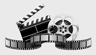 movie reel illustration, film clapperboard design, black and white film elements, cinematic techniques logo, film production tools, movie industry symbols, reel and clapperboard art