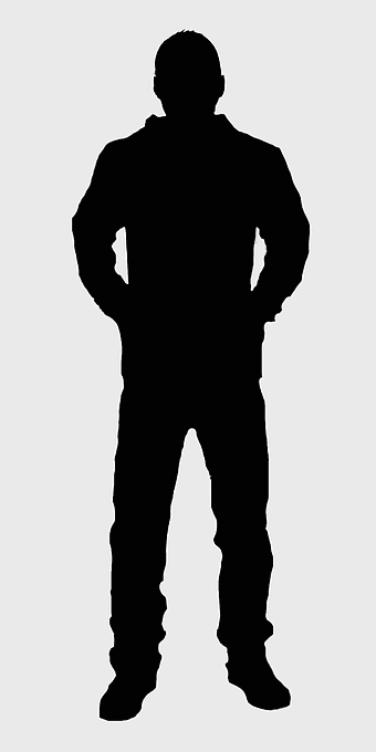 silhouette man standing, human figure pose, black and white profile, personal protective equipment silhouette, full-body stance, confident posture, isolated figure design