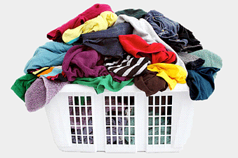 clothes hamper, laundry basket full, assorted clothing, white plastic hamper, laundry organization, laundry room essentials, clean clothes storage
