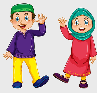Muslim couple illustration, hand-painted cartoon characters, Islamic family art, Ramadan greeting, traditional Muslim attire, cultural children's art, religious couple depiction