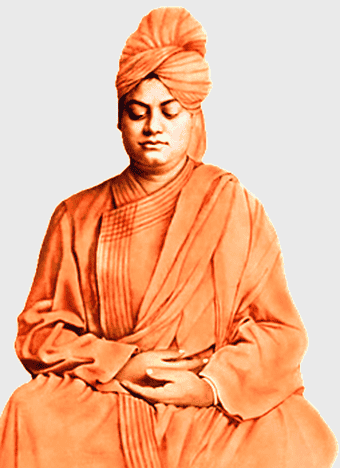 Swami Vivekananda meditation, Raja Yoga practice, Ramakrishna Mission monk, spiritual peach attire, Indian spiritual leader, traditional meditation pose, orange robe symbolism
