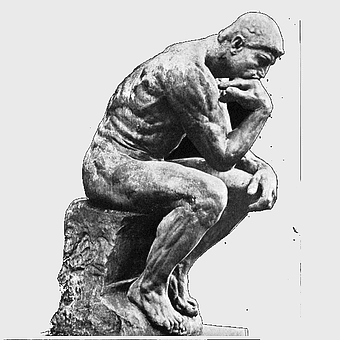 monochrome sculpture, critical thinking statue, philosopher monument, black and white thinker, contemplative art, intellectual figure, dialectical sculpture