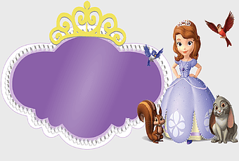 Sofia the First, purple princess dress, Disney Junior character, cartoon princess party, enchanted forest creatures, royal tiara design, whimsical fairy tale elements
