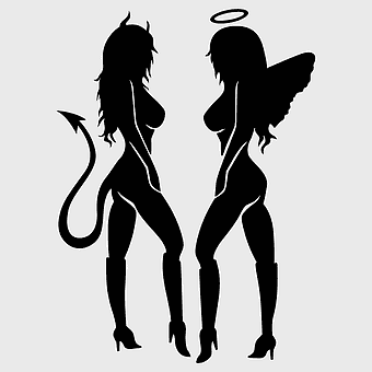 angel devil decal, black and white silhouette, sexy angel tattoo, devil girl wing, supernatural creature art, mythical being design, fantasy character illustration
