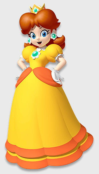 Princess Daisy Super Mario Bros, yellow princess dress, Mario characters cartoon, Super Mario Series heroines, Nintendo video game princess, fantasy royal attire, animated character artwork