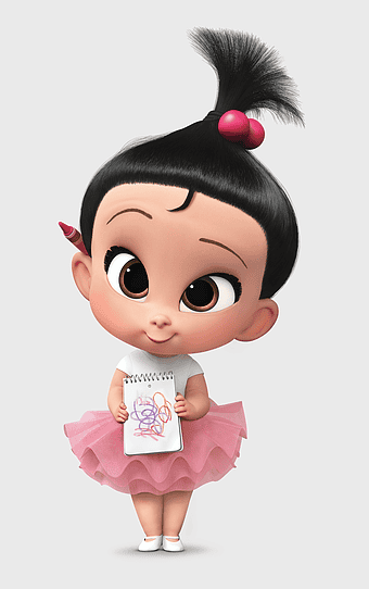 Boss Baby character, black hair toddler, pink dress infant, animated cartoon child, cute baby illustration, dreamworks animation film, playful child drawing