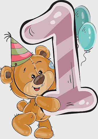 Happy Birthday Teddy Bear, First Birthday Celebration, Cartoon Bear Holding Number One, Birthday Party Decorations, Child's First Birthday, Festive Bear Illustration, Baby's First Year Milestone