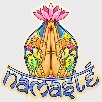 Namaste illustration, Om Dharma Greeting, Indian culture art, Namaste gesture, spiritual lotus flower, chakra energy symbol, yoga meditation practice