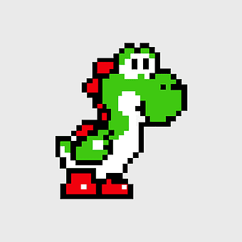 Super Mario Yoshi 8-bit illustration, Yoshi's Story pixel art, Mario & Yoshi retro gaming, 16-bit Nintendo character, pixelated dinosaur mascot, classic video game sprite, vintage gaming iconography