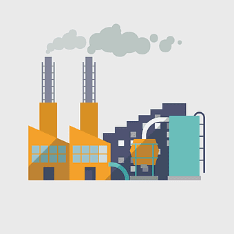 Factory Building Illustration, industrial park pollution, manufacturing facility, flat design industrial architecture, environmental impact of factories, industrial smokestacks, sustainable industrial design