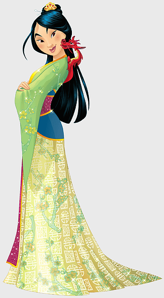 Disney Mulan costume, Fa Mulan fashion design, Disney Princess poster, Mulan cartoon character, traditional Chinese attire, animated princess fashion, Disney character illustration