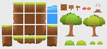 tile-based video game art, platform game sprite design, 2D computer graphics concept, pixel art game assets, nature-themed game elements, digital landscape tiles, retro game visual components