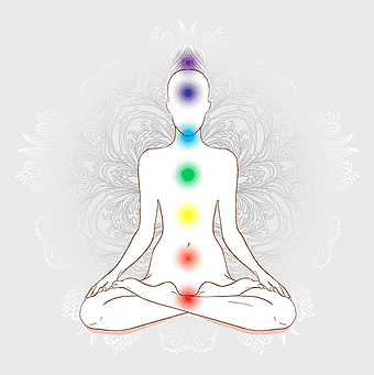 Chakra Reiki Meditation, lotus position silhouette, anahata chakra energy, kundalini yoga practice, spiritual healing art, energy balance illustration, meditation posture diagram