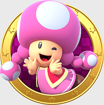 Toadette, Mario Party Star Rush, pink mushroom character, cartoon Nintendo game, princess mushroom kingdom, gaming character art, happy video game icon