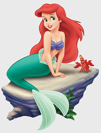 Disney Princess Ariel, Little Mermaid illustration, Ariel and Sebastian, mermaid on rock, underwater fantasy art, sea creature scene, cartoon character design