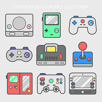 game controllers collection, video game console accessories, portable electronic game devices, gamepad analog controls, retro gaming systems, interactive entertainment devices, gaming technology evolution