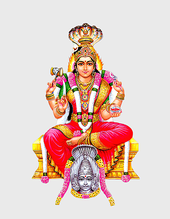 devi karumariamman, goddess illustration, divine seated, richly adorned deity, traditional religious icon, colorful spiritual figure, ornate throne portrayal, png