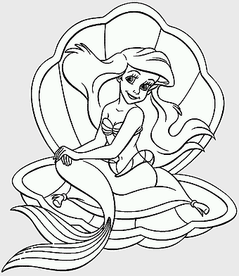Ariel coloring page, Disney Princess line art, Little Mermaid black and white, mermaid shell illustration, cartoon character sketch, fantasy creature drawing, underwater fantasy art