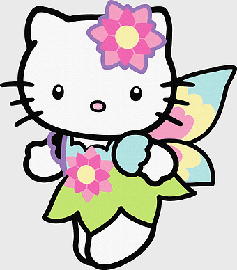 Hello Kitty drawing, pink flower art, Sanrio character illustration, fairy-themed Hello Kitty, cute cartoon design, whimsical character art, fantasy creature depiction