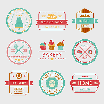 bakery logo designs, cake emblem templates, retro style food labels, baking business cards, artisanal bakery branding, sweet dessert icons, vintage pastry shop badges