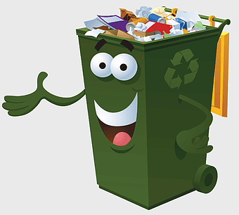 green recycling bin illustration, waste management container, cartoon trash can, environmental waste sorting, eco-friendly waste disposal, sustainable waste containment, green waste collection