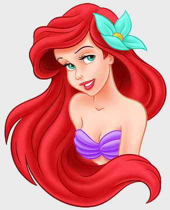 Ariel Disney Princess, red-haired mermaid, cartoon girl with flower, purple seashell top, fantasy ocean character, mythical underwater beauty, animated princess art