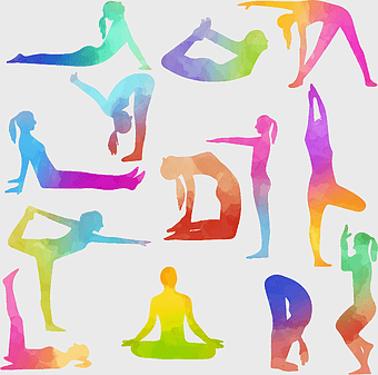 watercolor yoga poses, Bikram Yoga Asana illustration, physical Fitness exercises, lotus Position meditation, yoga teacher design, multicolored fitness art, human posture silhouettes