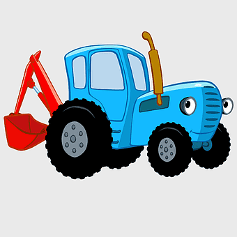 blue tractor cartoon, child's toy tractor, animated agricultural machinery, tractor with excavator attachment, farm vehicle illustration, playful construction equipment, cartoon vehicle design