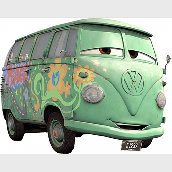 Mater the Fillmore, vintage Volkswagen van, hippie car design, Pixar Cars character, retro minibus art, classic vehicle illustration, animated transport scene