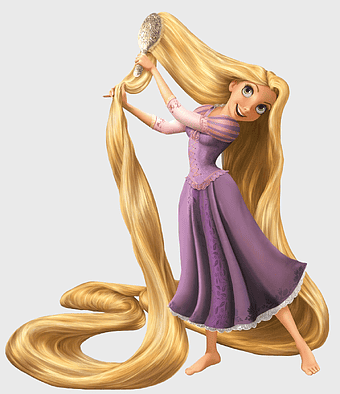 Rapunzel Disney Princess, tangled long hair, cartoon girl illustration, Disney Tangled artwork, purple princess dress, animated character combing hair, fantasy heroine art