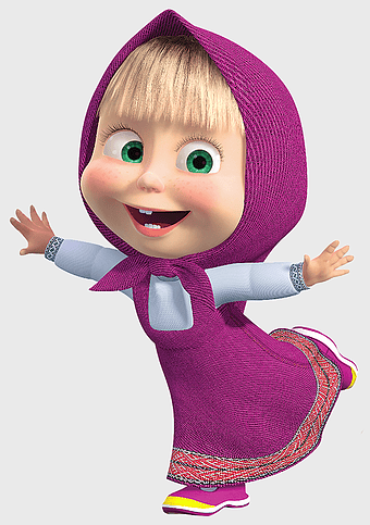 purple hoodie girl character, Masha and the Bear cartoon, house cleaning games for kids, violet toddler illustration, animated children's games, playful character design, cheerful cartoon visuals
