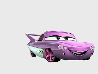Flo character from Cars, magenta vehicle illustration, Pixar Cars movie art, Disney animated car design, cartoon car with flower decal, animated vehicle character, purple car with expressive eyes