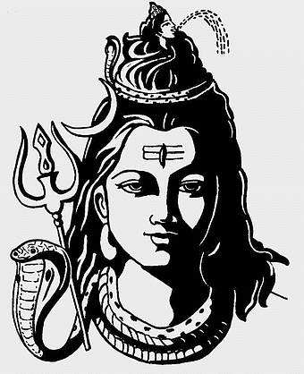 Lord Shiva illustration, Om Namah Shivaya, trishula, black and white drawing, Hindu deity art, spiritual iconography, divine serpent symbolism