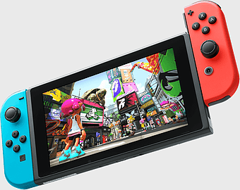 Nintendo Switch Splatoon 2, black Nintendo Switch console, Joy-Con controllers, video game accessory, portable gaming device, handheld gaming console, gaming technology