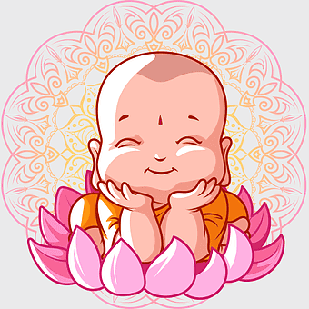 baby Buddha on lotus, Buddhist meditation cartoon, little Buddha character, pink lotus flower, spiritual enlightenment art, meditative peace illustration, cultural heritage depiction