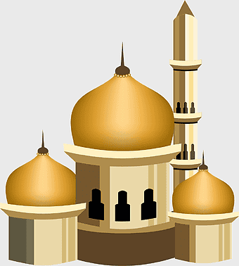 Islamic watercolor mosque, golden dome mosque painting, Eid al-Fitr mosque illustration, hand-painted Islamic architecture, spiritual building art, religious landmark depiction, festive Islamic structure design
