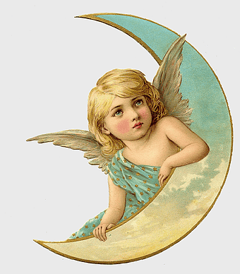 angel with blue dress, cherub on crescent moon, fantasy angel art, supernatural cherub, divine celestial figure, whimsical angel artwork, mythical baby winged entity