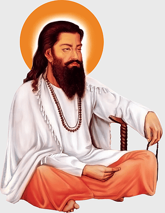 guru ravidas ji, spiritual leader, religious icon, meditative pose, divine aura, sacred beads, traditional attire, png