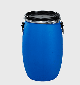 plastic drum lid, cobalt blue barrel, high-density polyethylene container, screw cap cylinder, industrial storage vessel, chemical transport drum, durable plastic packaging