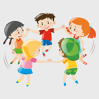 child playing together, cartoon children holding hands, happy toddler friends, playful kids art, children's illustration, group of kids having fun, kids playing with a ball