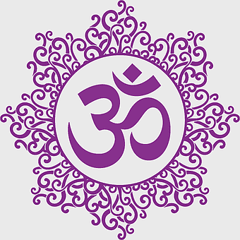 purple Om symbol, violet Hindu icon, spiritual text design, mandala flower art, sacred geometry illustration, divine energy emblem, spiritual harmony graphic
