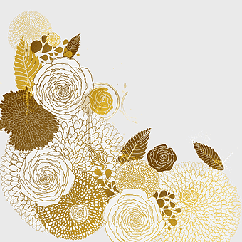 golden flower illustration, white and brown floral design, happy birthday floral arrangement, gold patterned flowers, elegant floral art, decorative flower bouquet, festive floral elements