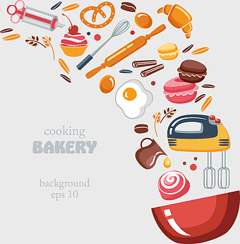 cooking bakery illustration, creative bakery design, baked goods background, wedding cake decoration, culinary art tools, bakery equipment icons, food preparation elements