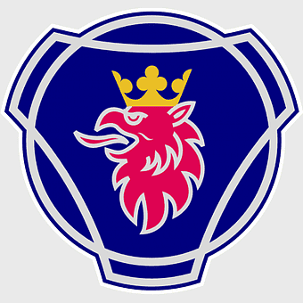 Scania AB logo, red lion emblem, commercial vehicle symbol, cobalt blue shield, truck branding, automotive logo design, industrial vehicle iconography