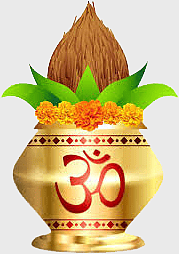 Durga Puja Kalasha, Hindu puja items, Om symbol decoration, coconut and marigold offering, sacred vessel icon, spiritual festival decor, traditional Indian ritual objects