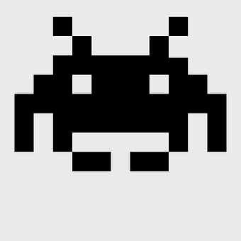 Space Invaders pixel art, retro gaming icons, arcade game symbols, black and white bitmap, pixelated alien design, classic video game graphics, vintage game characters