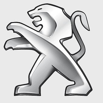 Peugeot logo, Peugeot car emblem, monochrome car symbol, Peugeot 205 logo, automotive branding, lion logo design, metallic car badge