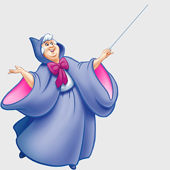 Fairy Godmother, Disney Princess, cartoon character, purple cloak, magical wand, enchanted fairy, whimsical animation
