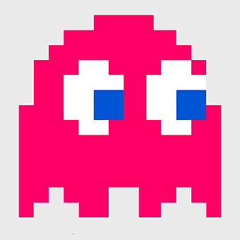 Pac-Man World 3 Ghost, magenta gaming character, 8-bit video game icon, pixel art ghost, retro arcade sprite, classic game enemy, digital nostalgia figure